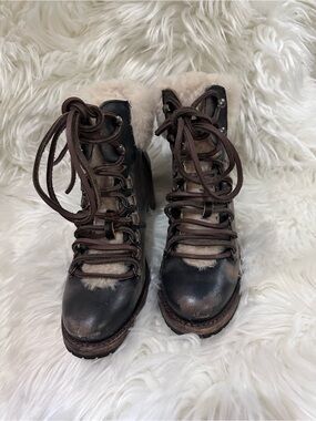 Freebird Norway Brown Leather Shearling Lace-Up Ankle Boots